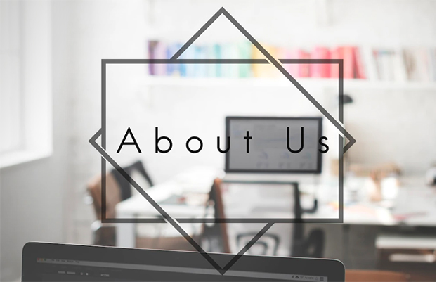 About Us text overlay on blurred office