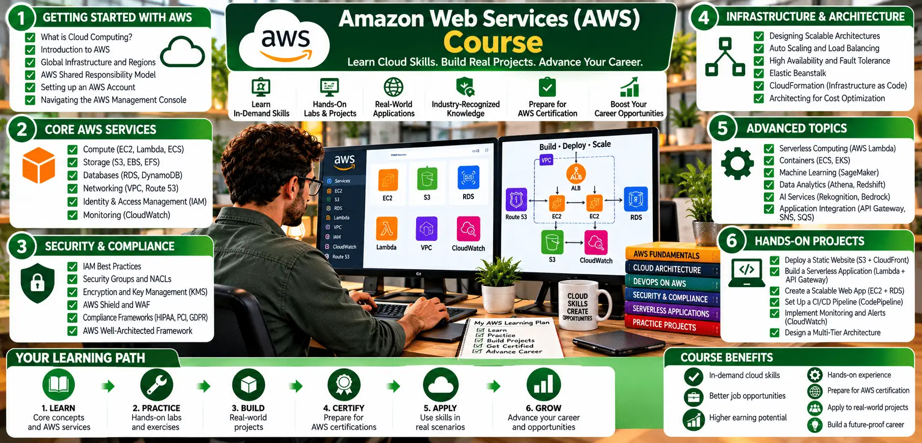 Person studying AWS course on multiple monitors