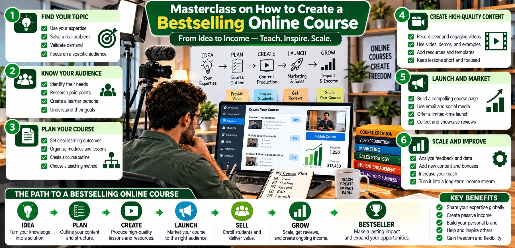 Person viewing online course creation infographic