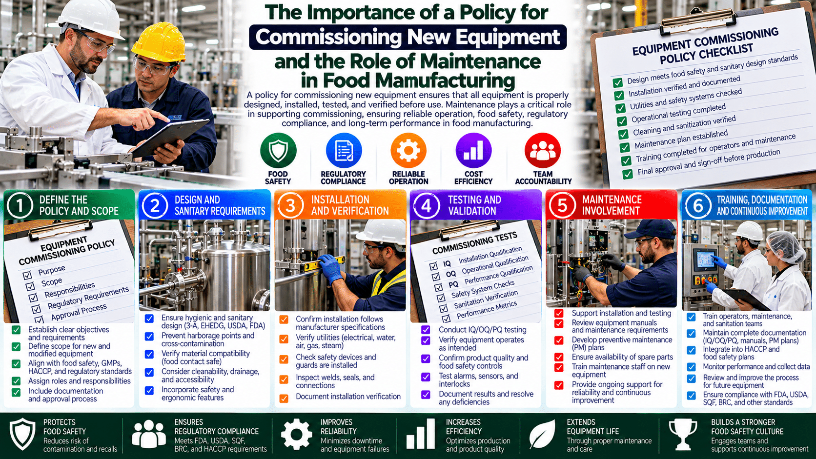 Food equipment commissioning and maintenance policy infographic