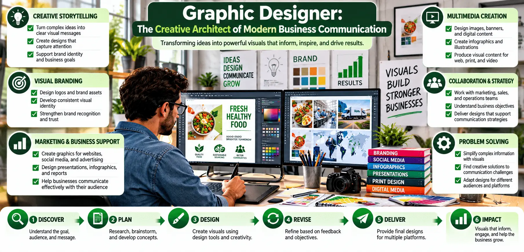 Graphic designer at desk with multiple screens