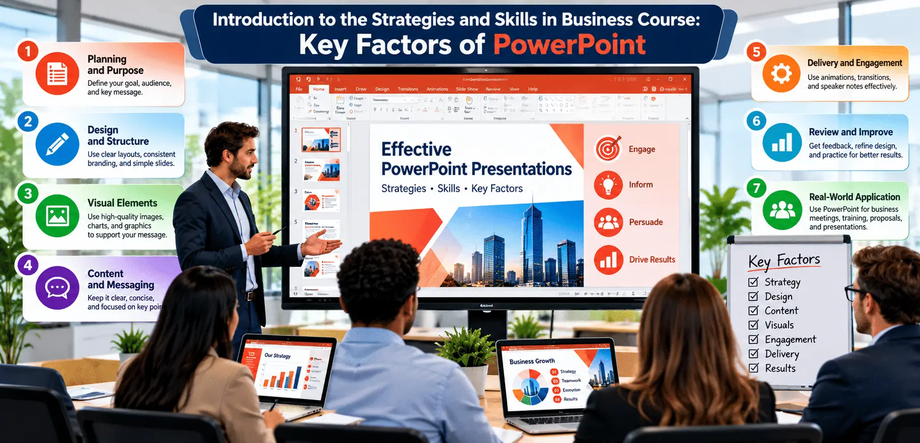 Business team viewing PowerPoint presentation in conference room