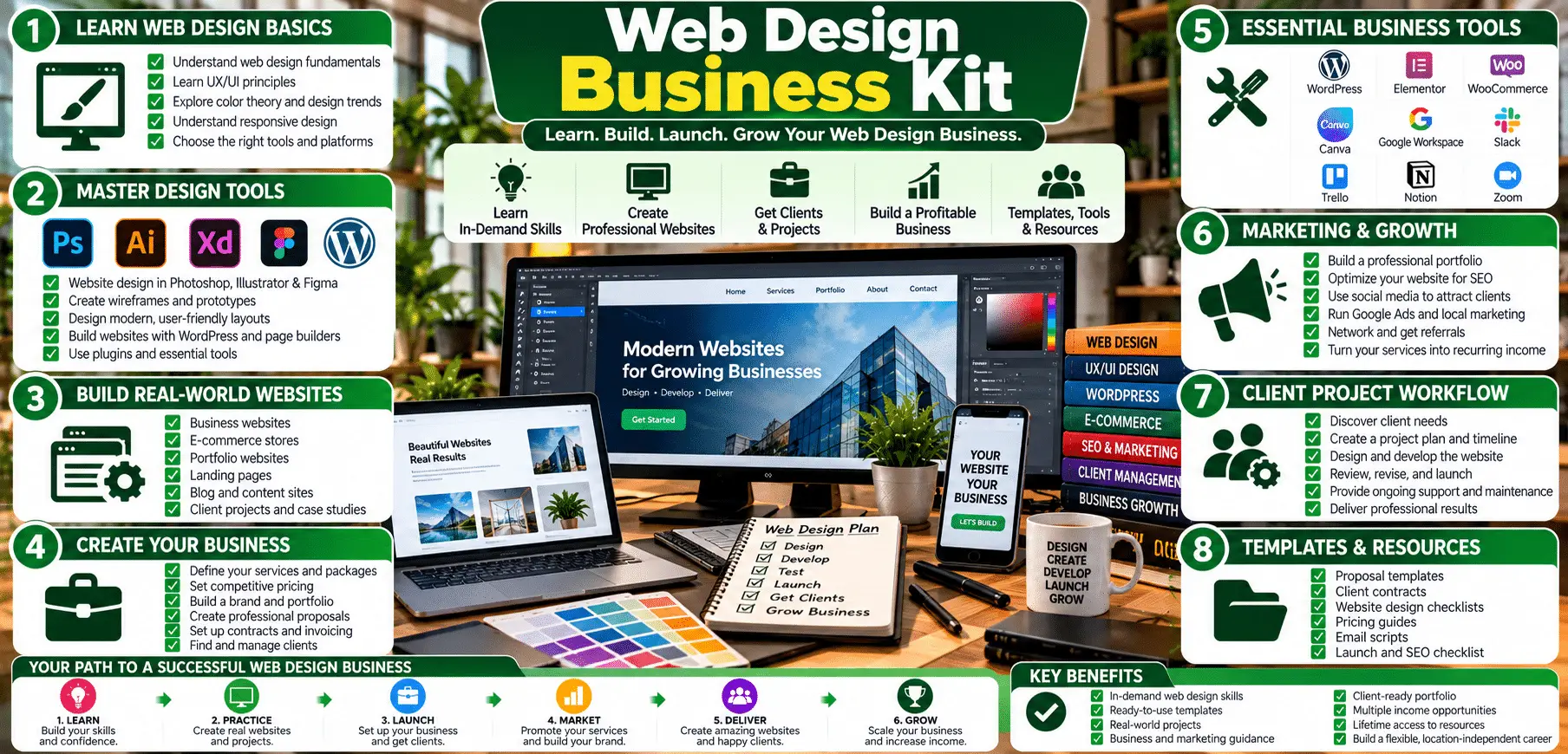Web design business kit infographic with devices