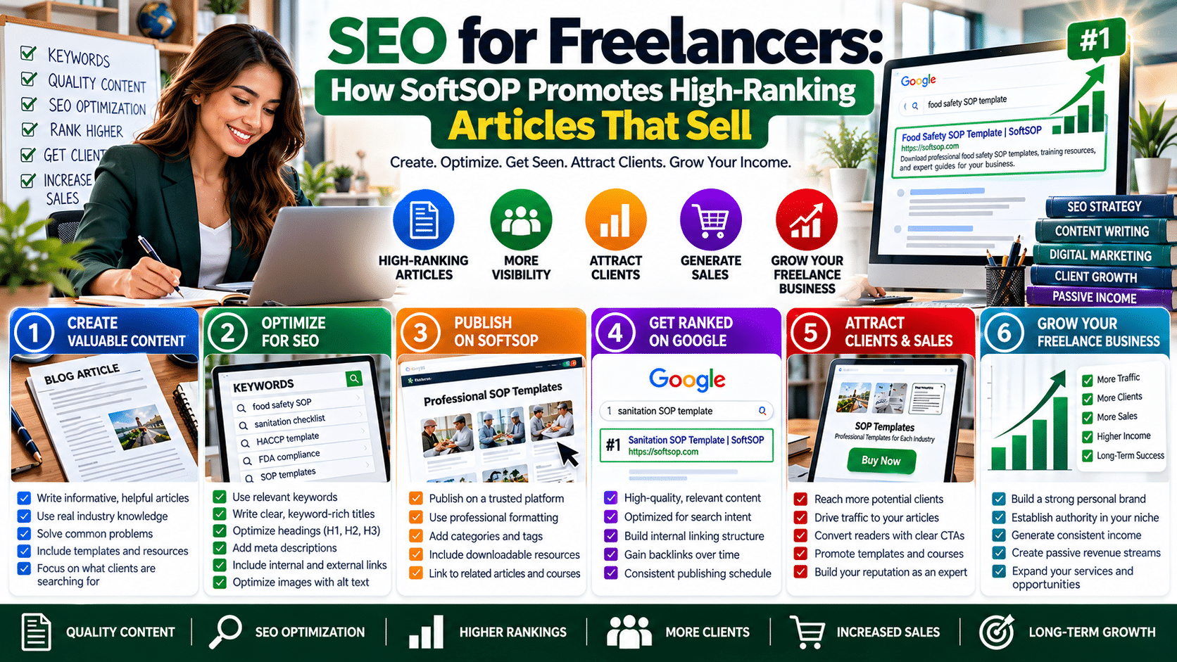 SEO for freelancers infographic outlining SoftSOP steps