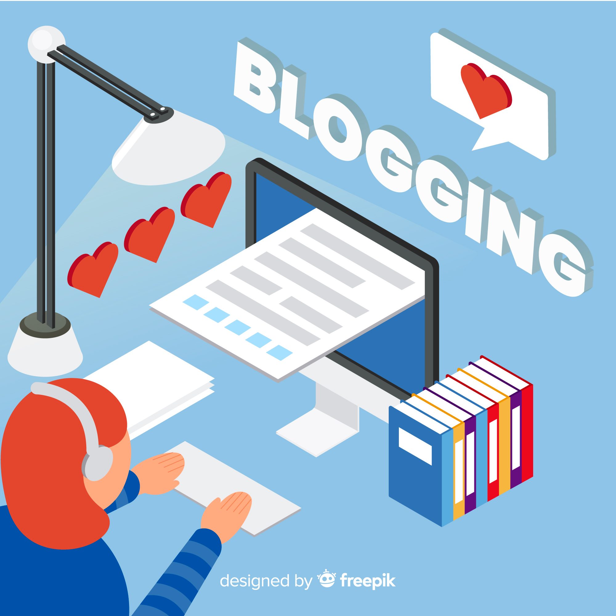 Person blogging at computer with heart likes