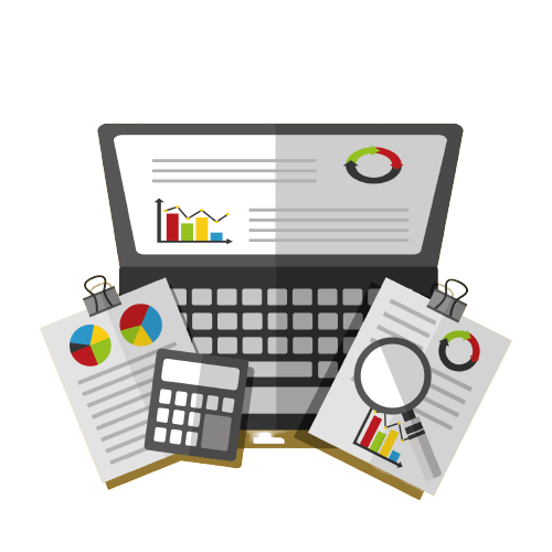 Laptop with documents, charts, calculator, magnifying glass