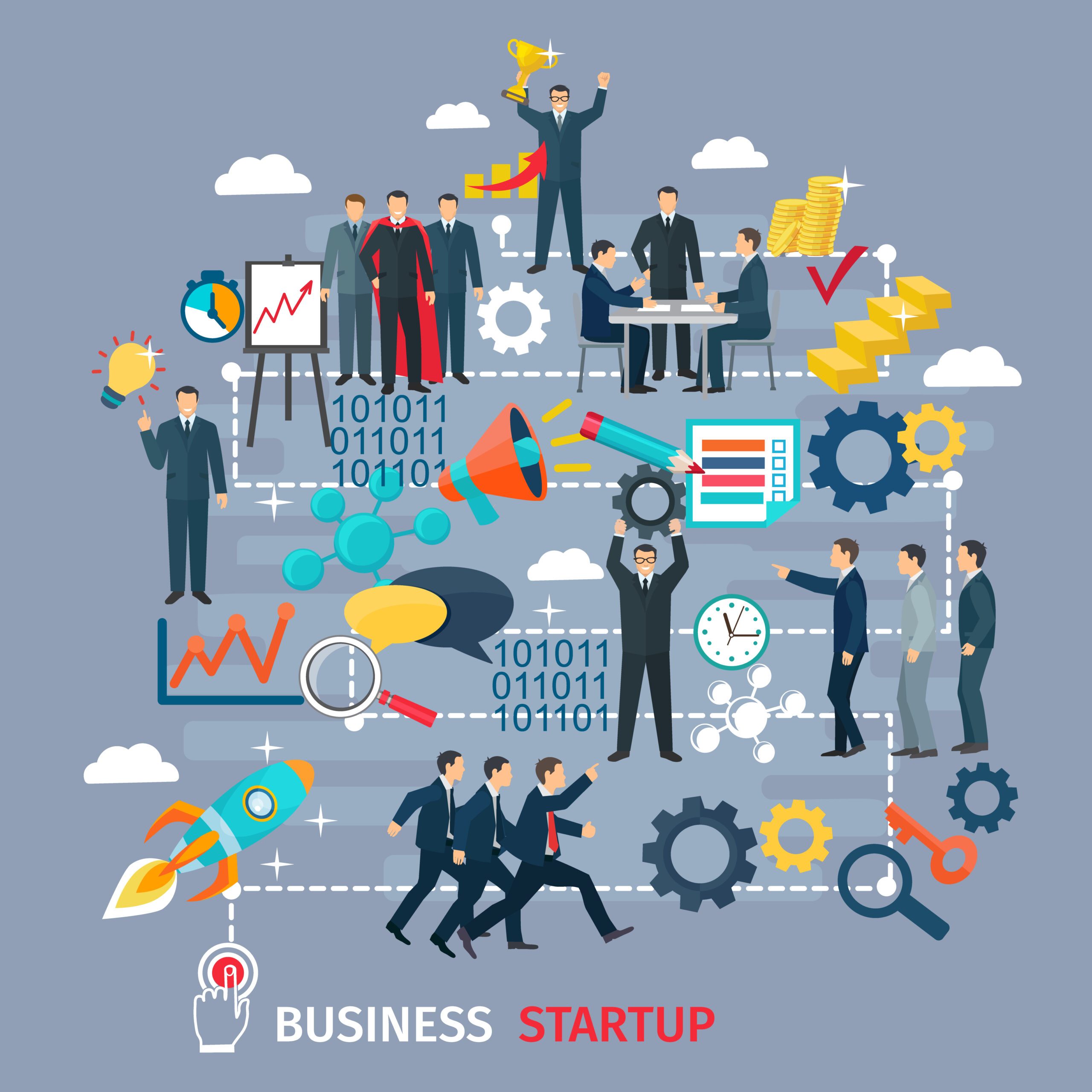 Business startup illustration with rocket and teamwork
