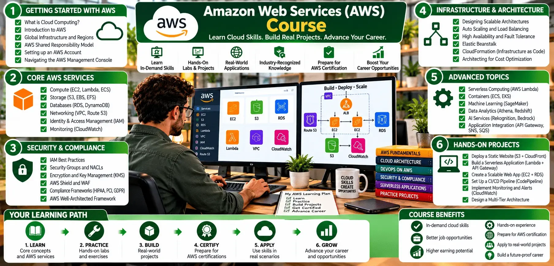 Person studying AWS course on multiple monitors
