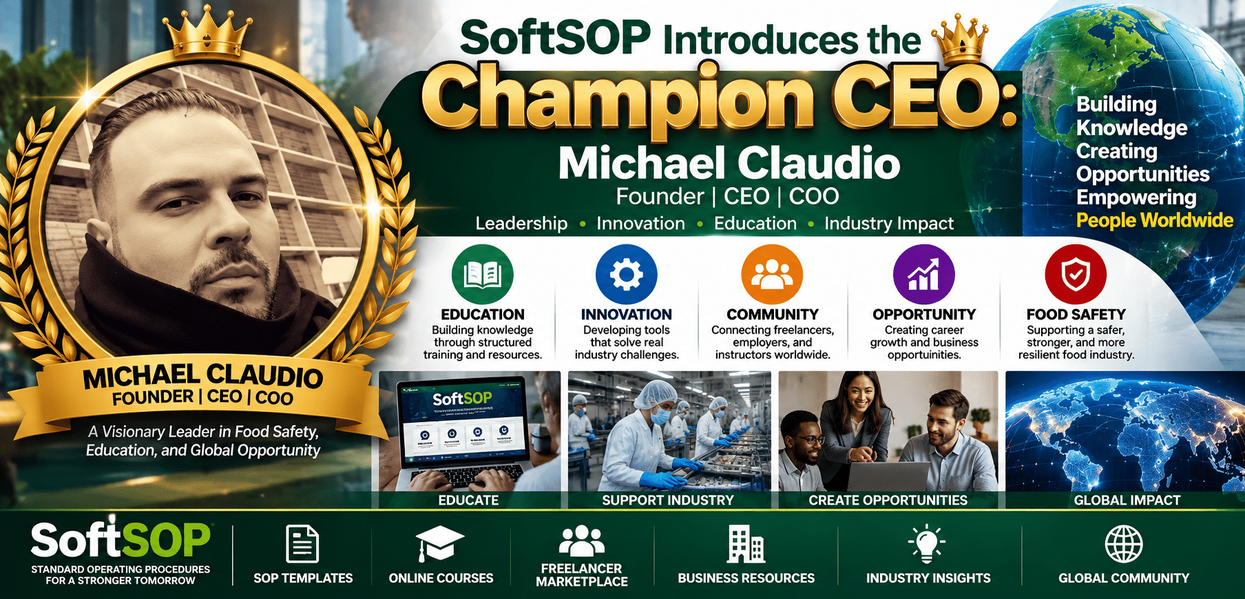 Promotional banner with crowned portrait and icons