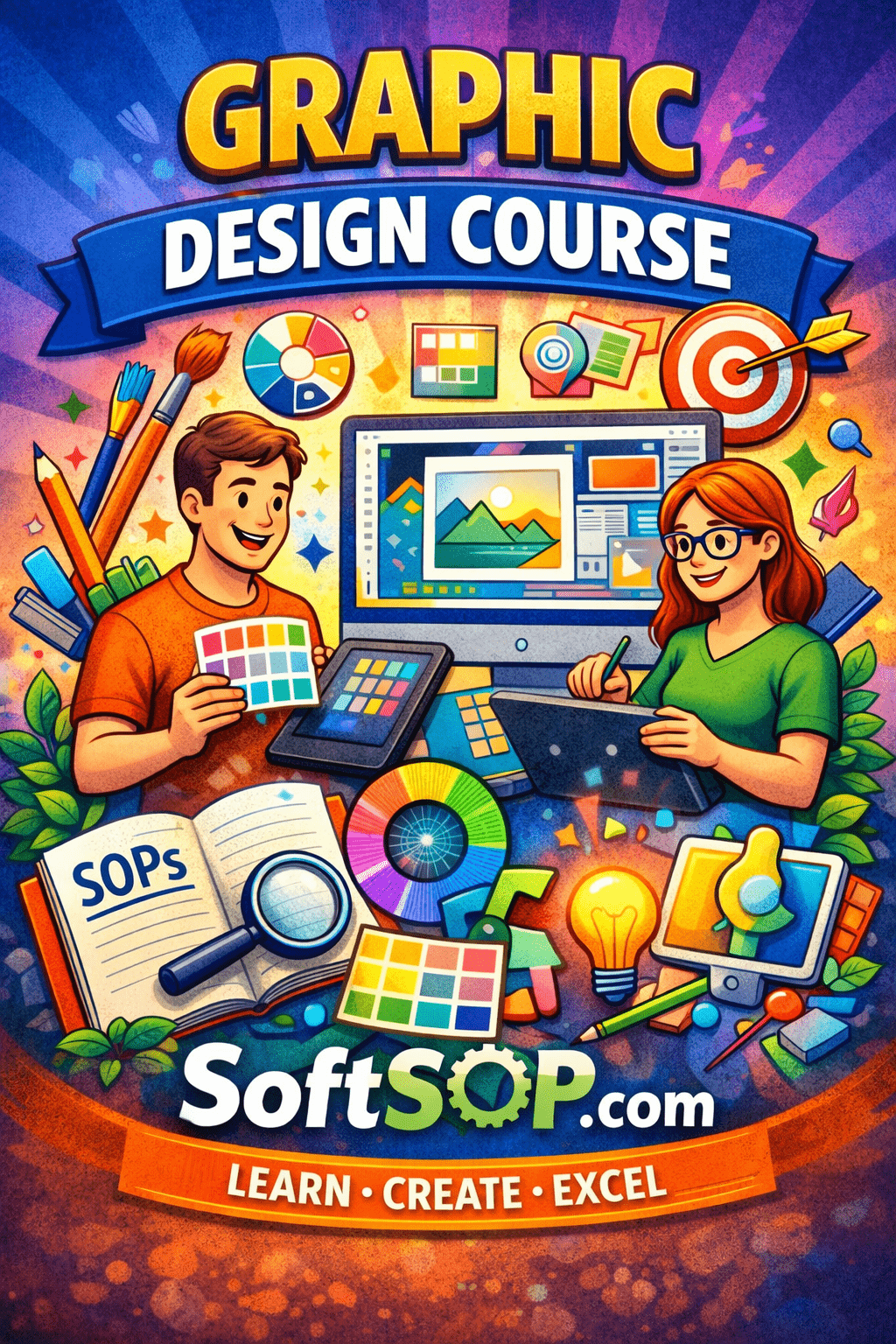 Colorful graphic design course promotional poster