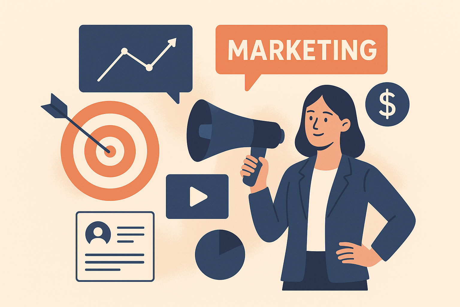 Woman holding megaphone with marketing icons