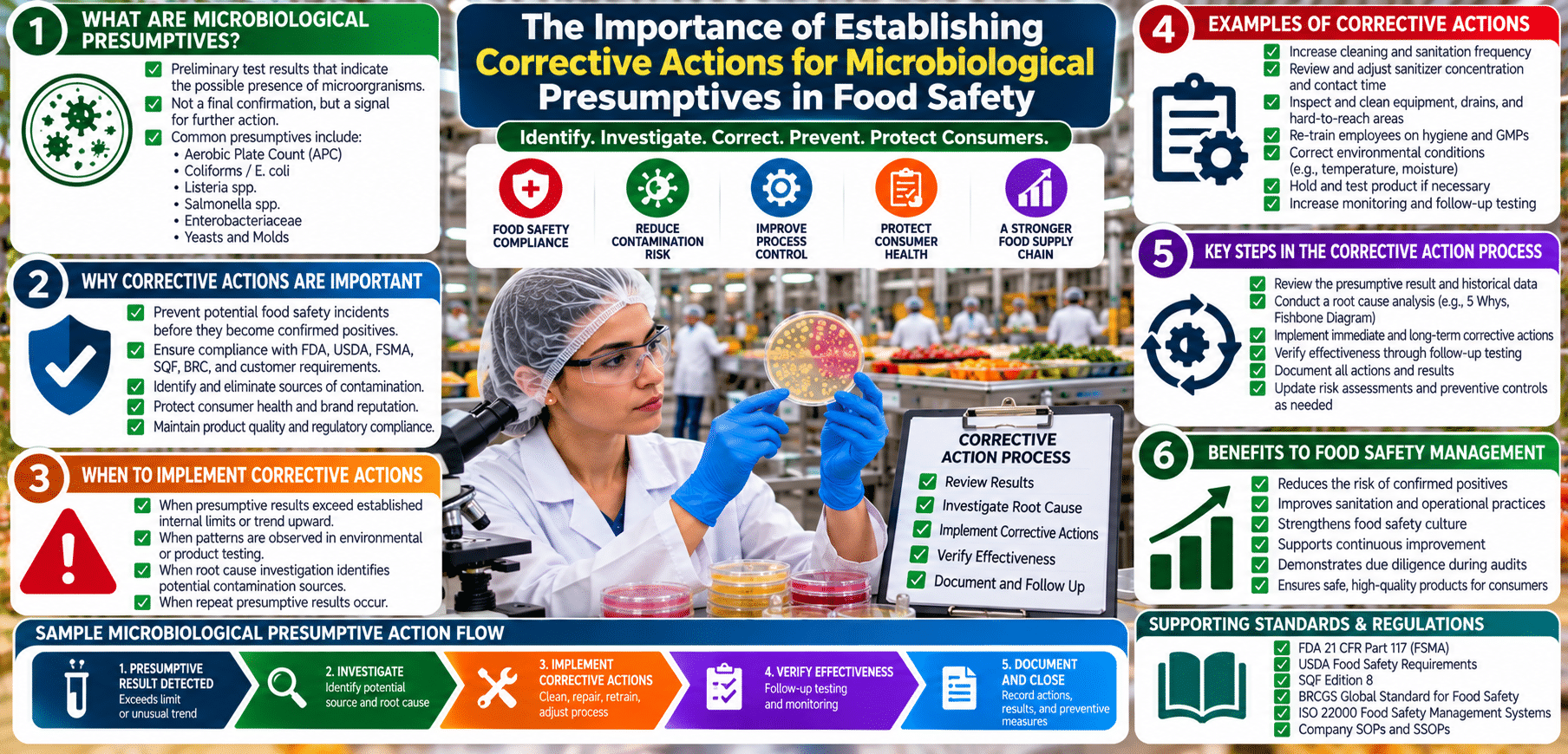 Food safety infographic showing lab technician testing