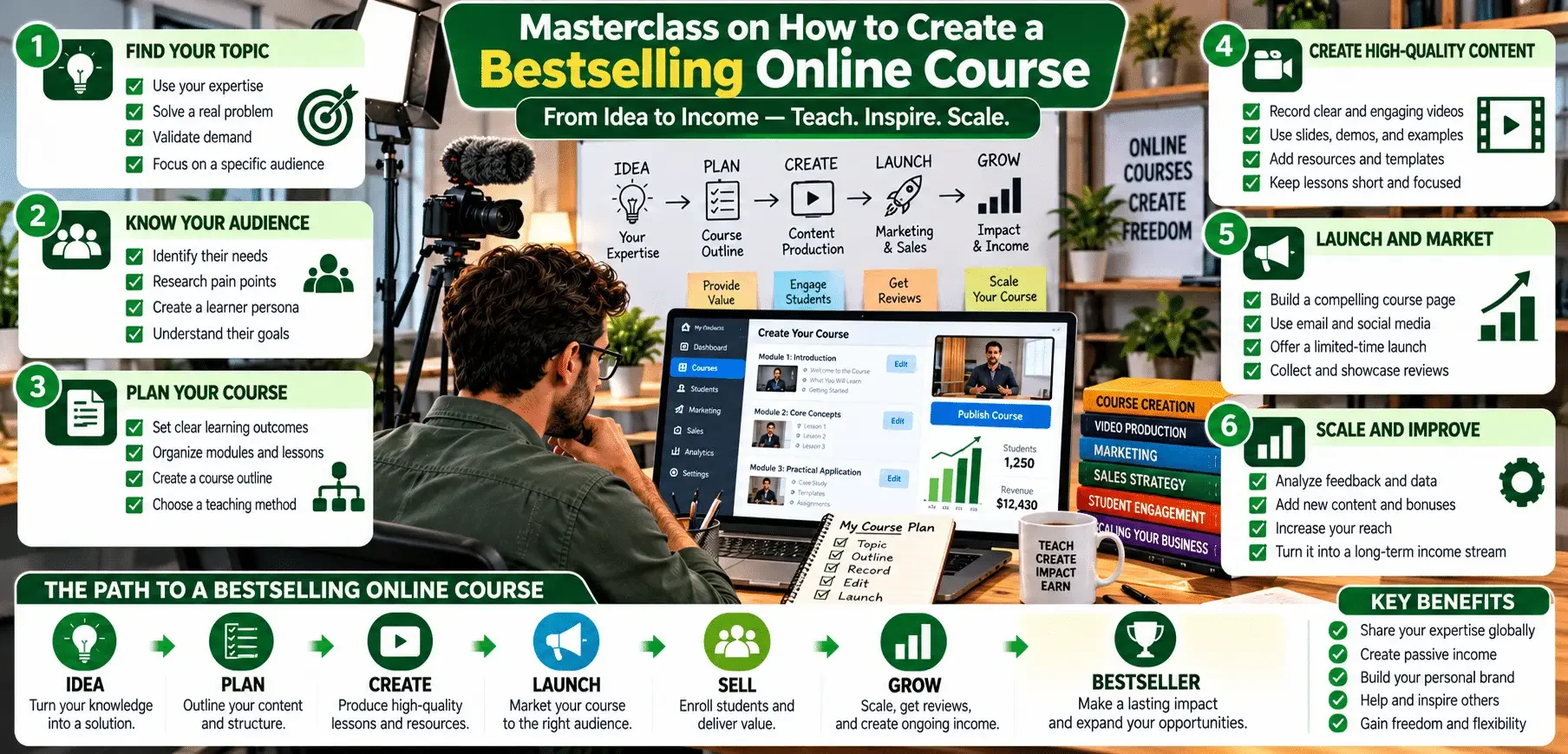 Person viewing online course creation infographic