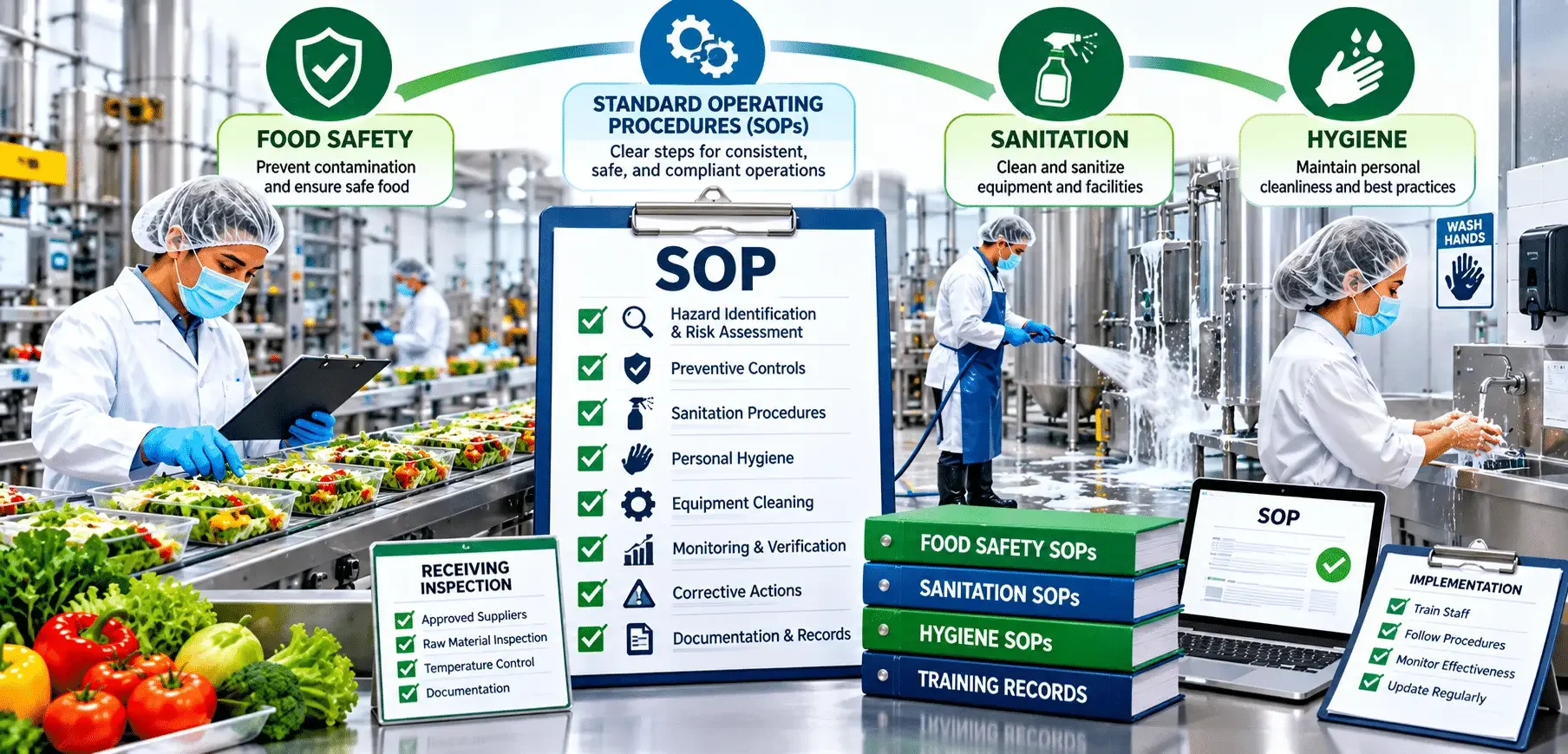Food processing line with workers and SOP signage