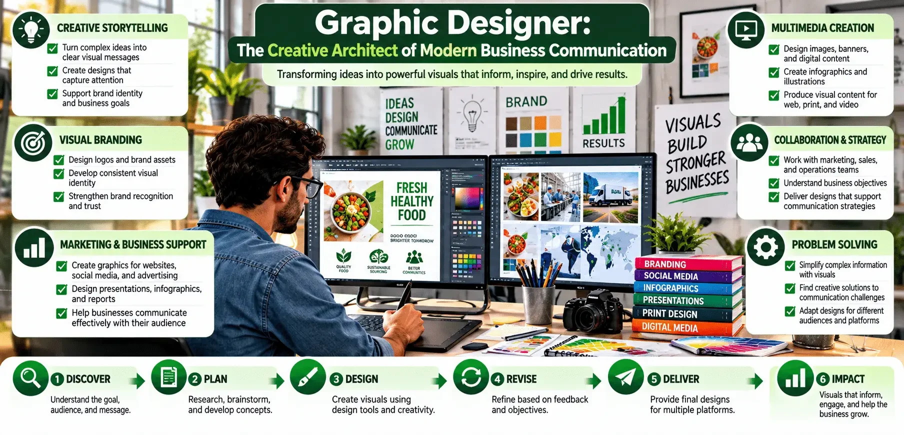 Graphic designer at desk with multiple screens