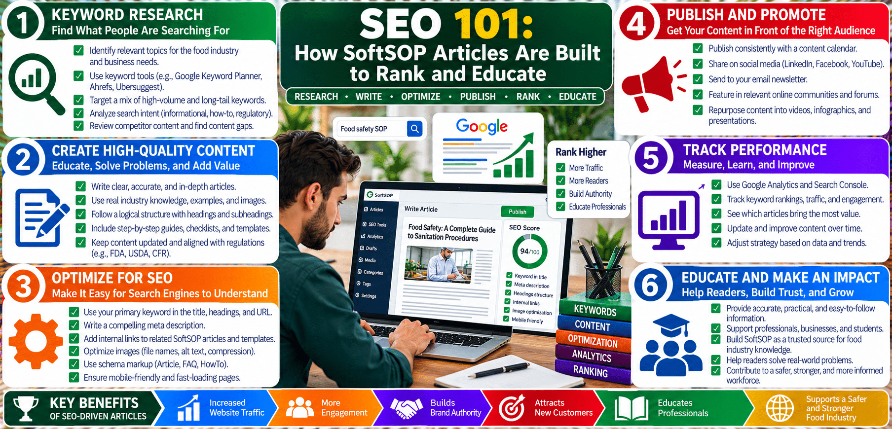 SEO 101 infographic showing six-step article workflow