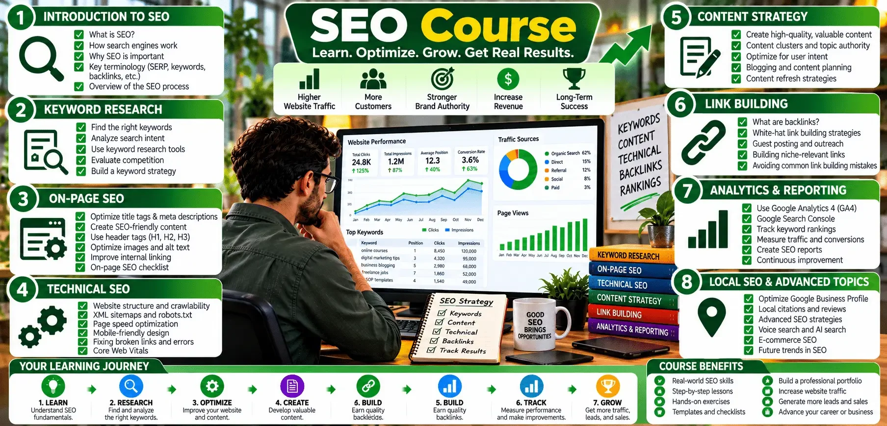 SEO course infographic showing steps and tools