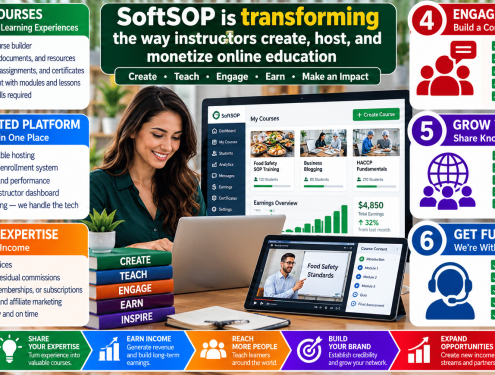 Woman using laptop with online course infographic