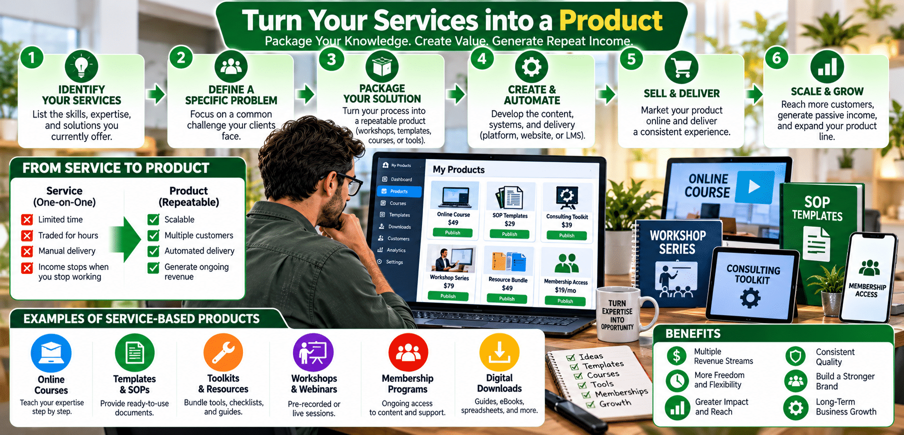 Infographic showing steps to productize services
