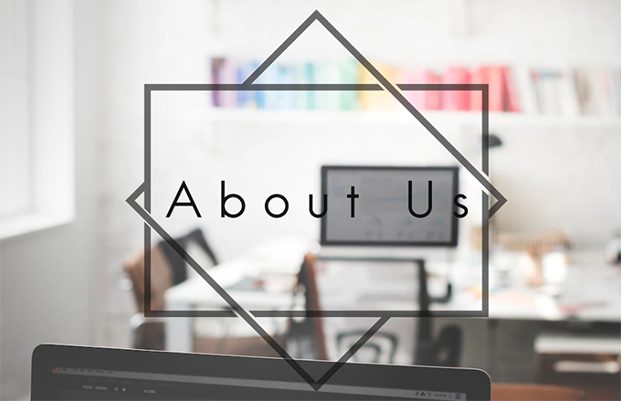 About Us text overlay on blurred office
