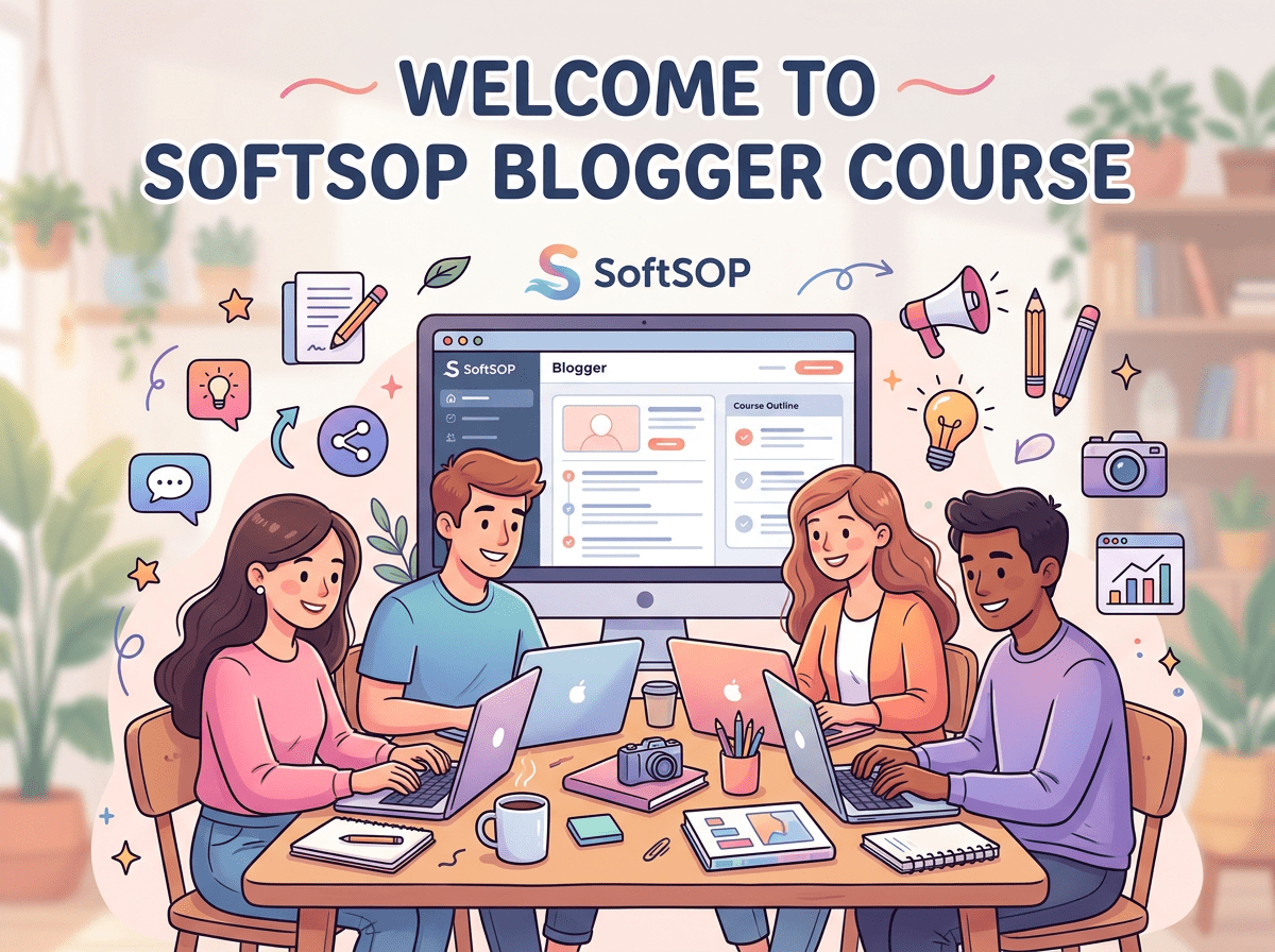 Four people learning blogging around a table